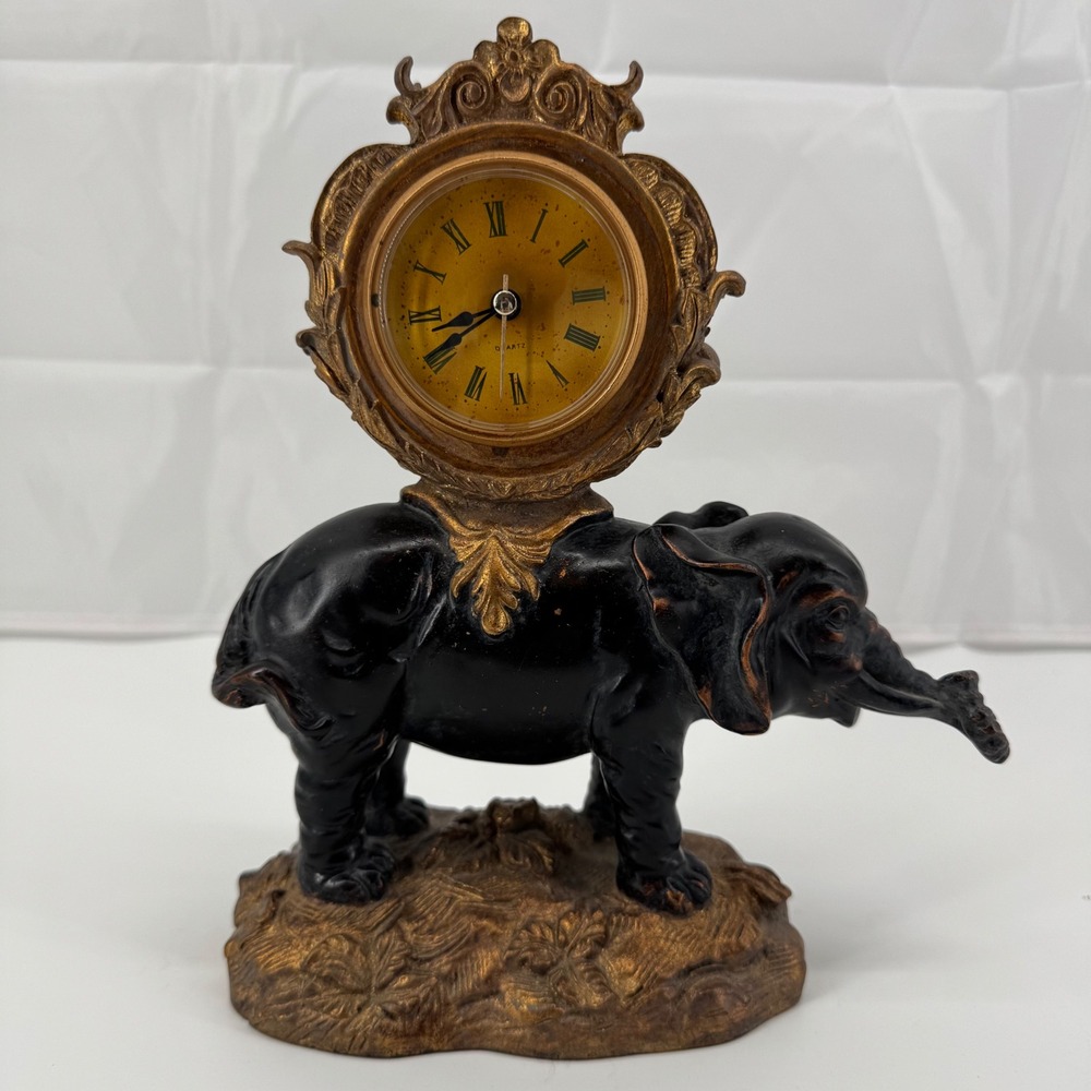 Unbranded Elephant Desk Clock 10" Black Gold Quartz Roman Numeral Vintage